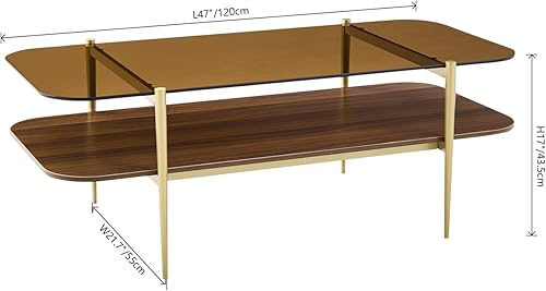 Miniatura 51 de Saint Mossi Tadio - Mesa de centro de vidrio de doble capa para sala de estar, estante inferior de MDF marrón y café Vidrio marrón y marrón