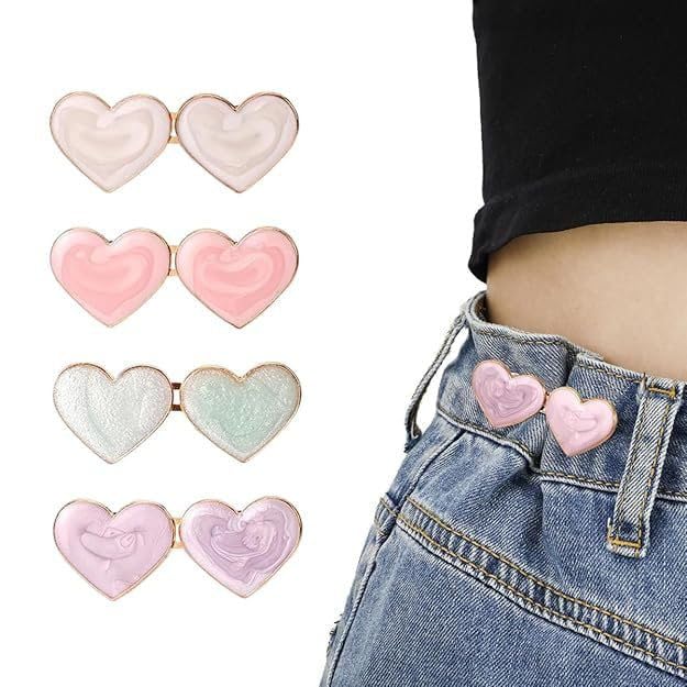 Heart Pant Waist Tightener,Adjustable Waist Buckle Sets No Sew and No Tools Detachable Decorative Buckles, Jean Buttons Pins for Loose Pants, Skirts, Sleeves(pink colour) (hart shape)