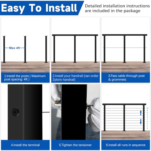 Zylorix 36\" 12–20FT Swageless Black Cable Railing System Post Kit with 4 Level Posts, Patent Reusable Cable Railing Kit, T304 Stainless Steel, Upgraded Powder Coated for Outdoor Decks
