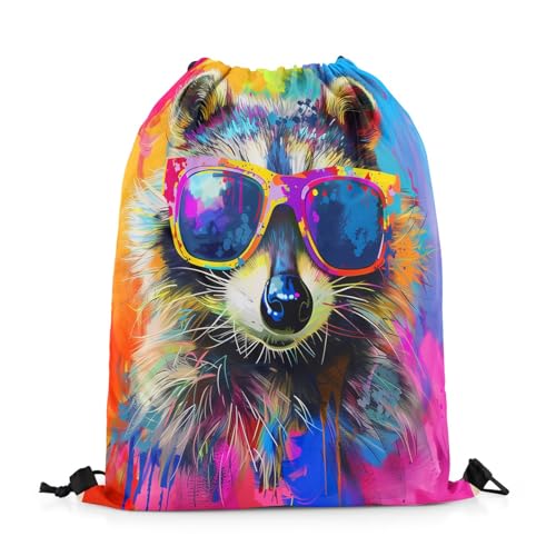 Cute Raccoon Drawstring Backpack,Colorful Pigment Tie Dye Animals Waterproof Sports Gym Bag,Watercolor Cartoon Raccoon Modern Art Large Capacity for Travelling,Swimming,Beach2
