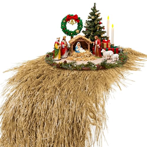 XLX TURF Faux Thatch Hay Table Runner 36 Inches for Nativity Christmas Party Decorations - Gold Straw Grass for Western Thanksgiving Farm Cowboy Table Centerpiece Tiki Jungle Birthday Home