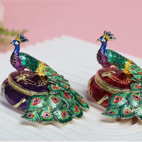 Boîte à bijoux en métal robuste avec paons émaillés peints à la main