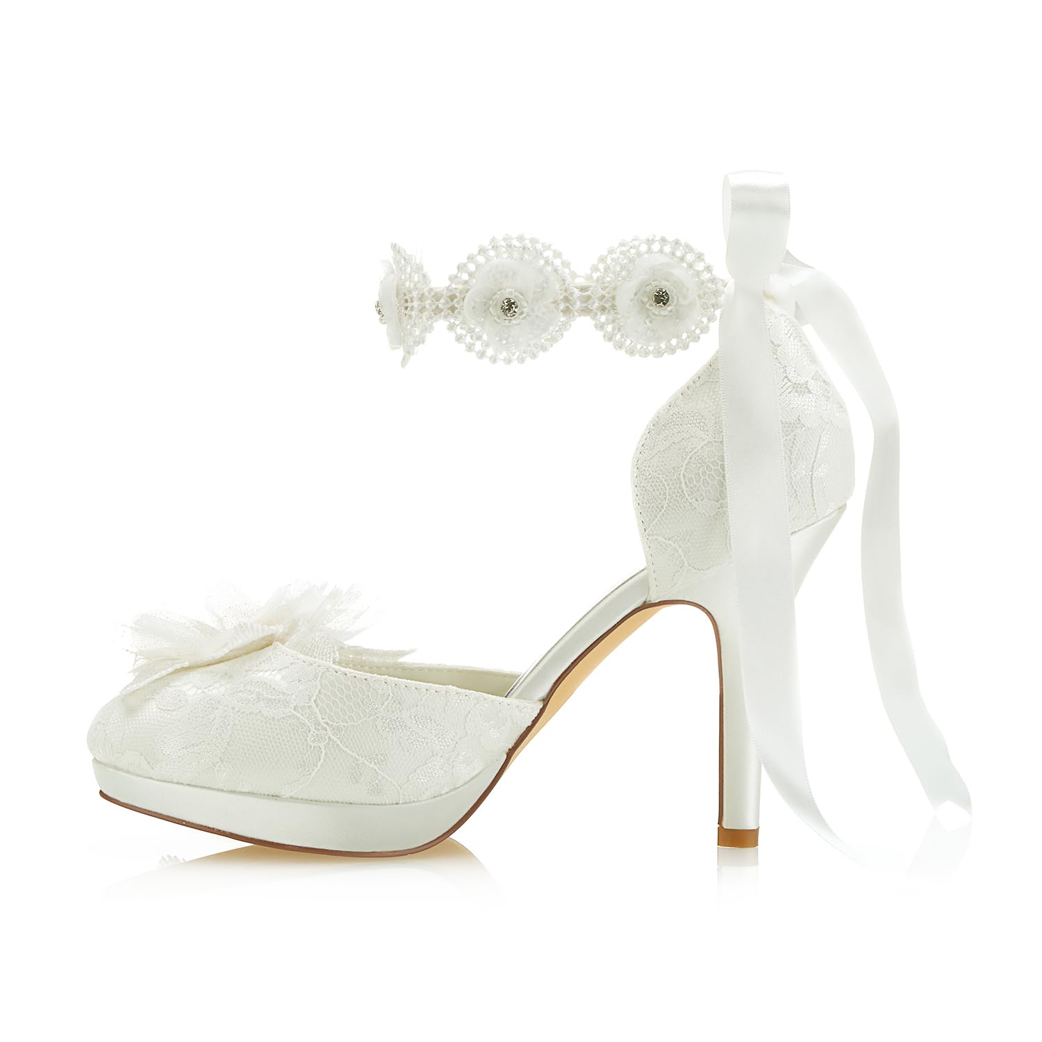 JIAJIA 3703L Scarpe da Sposa da Donna Punta Chiusa 10cm Tacco a Spillo Pizzo Satinato Piattaforma Pompe Raso Fiore Cravatta a Nastro Scarpe da Sposa