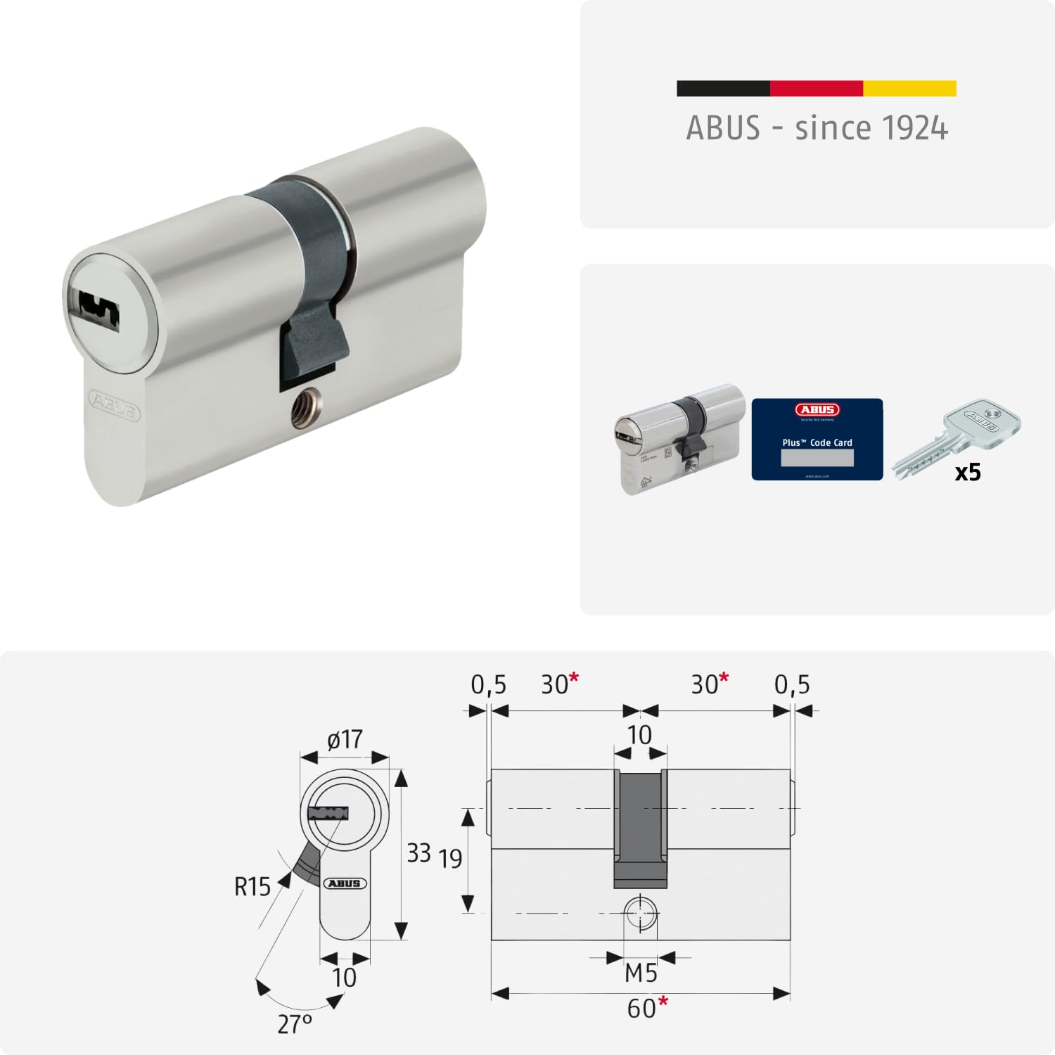 ABUS Cylindre profilé D6XNP 30/30 avec 5 clés et carte de code - Serrure pour la sécurité de la porte d'entrée et de la porte d'appartement - Cylindre double avec fonction d'urgence et de danger