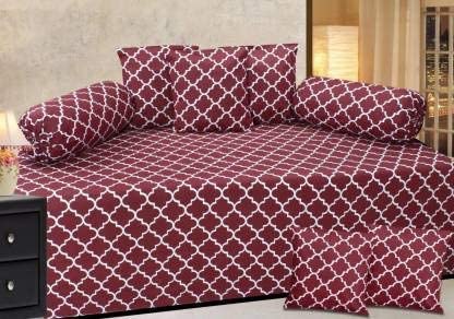 200TC Glace Cotton 8 Pcs Diwan Sets, with Single Bedsheet(60x90 Inches),5 Cushion Covers(16x16 Inches) and 2 Bolsters(16x32 Inches), Mult (Maroon)-image-8