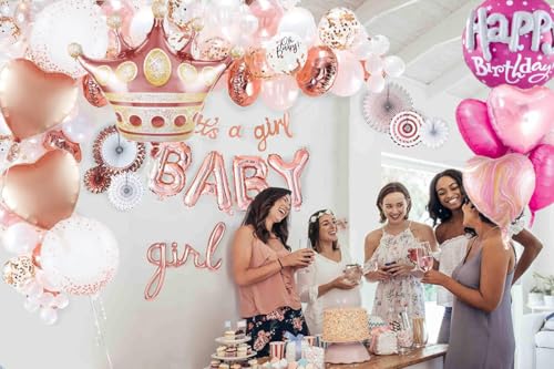Image of Rose Gold Crown Mylar Balloons And Pink Birthday Large Round Mylar Balloons Set For Birthday Decorations For Women