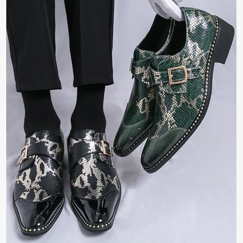 Men's Pointed Toe Snake Print Monk Strap Loafer Men Burnished Leather Metal Buckle Slip-On Low Top Oxford Shoes Formal Business Party Dress Shoes4