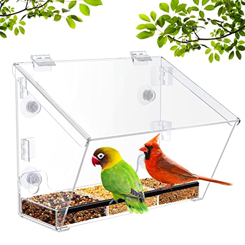 Ermete with Strong Suction Cups, Clear Bird Feeder Window, Window Bird Feeder with Seed Tray, Large Outside Hanging Birdhouse Kits with Drain Holes