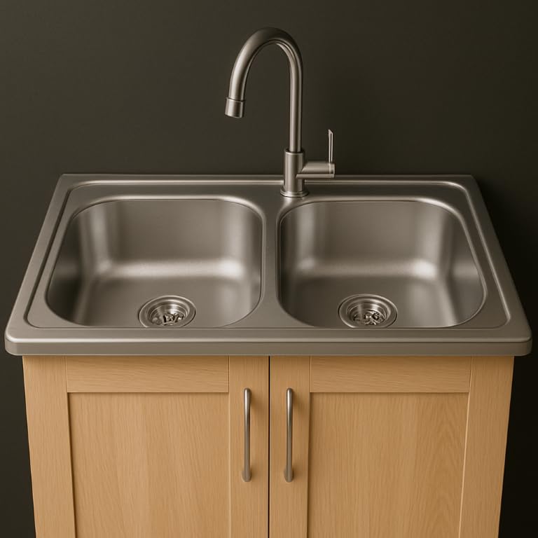 DomoDomo – Évier de cuisine 80x50 cm à poser en acier inoxydable satiné – double cuve compacte sans égouttoir – siphon inclus