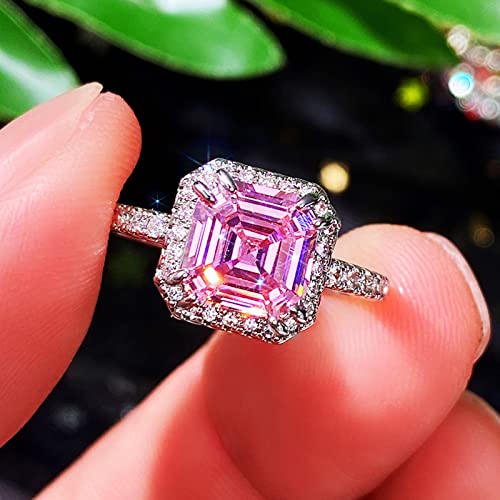 Vsoruln 925 Sterling Silver Shiny Full Diamond Ring Square Pink Princess RingCocktail Rings Round Cut Cubic Zirconia Promise Rings CZ Diamond Halo Ring Eternity Engagement Band Ring for Women (6)4