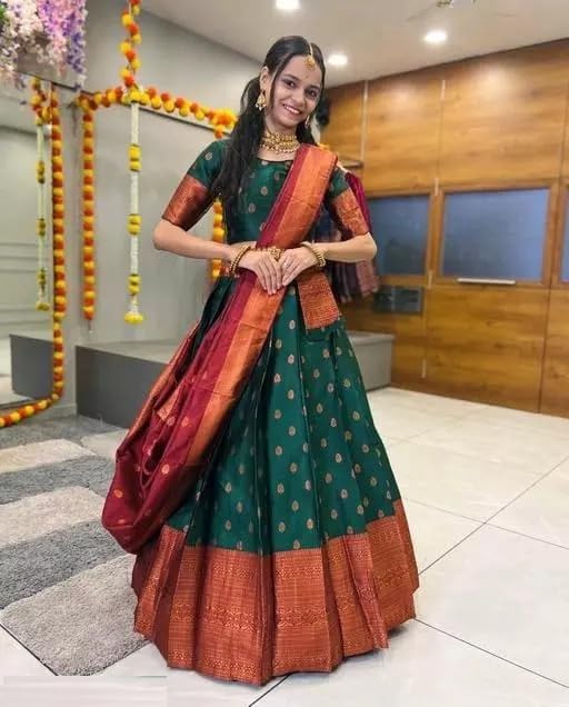 Image of ZITON ARICO MART Women's Indian Traditional Kanjivaram Silk Pure Weaving Lehenga Choli Along With Dupatta And Blouse Piece, Half Saree (Unstitched)