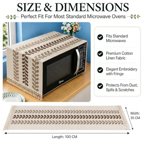 Image of Premium Cotton Microwave Oven Cover | Elegant Embroidered Leaf Design with Decorative Tassel Fringe | Dustproof Washable Kitchen Appliance Protector | Appliances Cover | 100 x 35 CM (Brown)