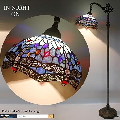 Tiffany Style Reading Floor Lamp Lighting W12H64 Blue Stained Glass Dragonfly Lampshade Antique Adjustable Arched Standing Base S004 WERFACTORY LAMPS Girlfriend Lover Living Bedroom Beside Table Gifts