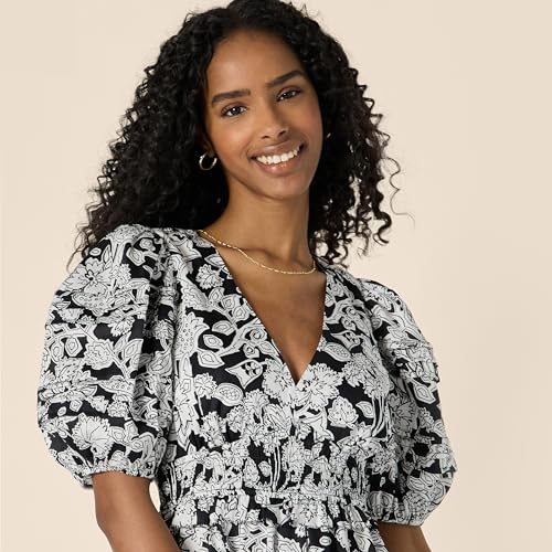 Image of Amazon Essentials Women's Regular-Fit Cotton Sateen Puff Sleeve Midi Dress, V-Neck