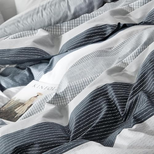 Image of Striped Comforter Set King Size, Blue Grey Stripes Pattern Printed Bedding Set, 3 Pieces Lightweight Bedding Comforter Set, Breathable Soft Fluffy Stripe Bed Set King Comforter with 2 Pillowcases