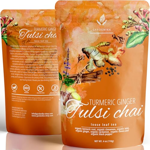 Organic Turmeric Ginger Tulsi Chai Tea | Loose Leaf | Ayurvedic Superfood Blend | Herbal and Caffeine-Free | 55+ Cups | KSA Kosher | 4 oz