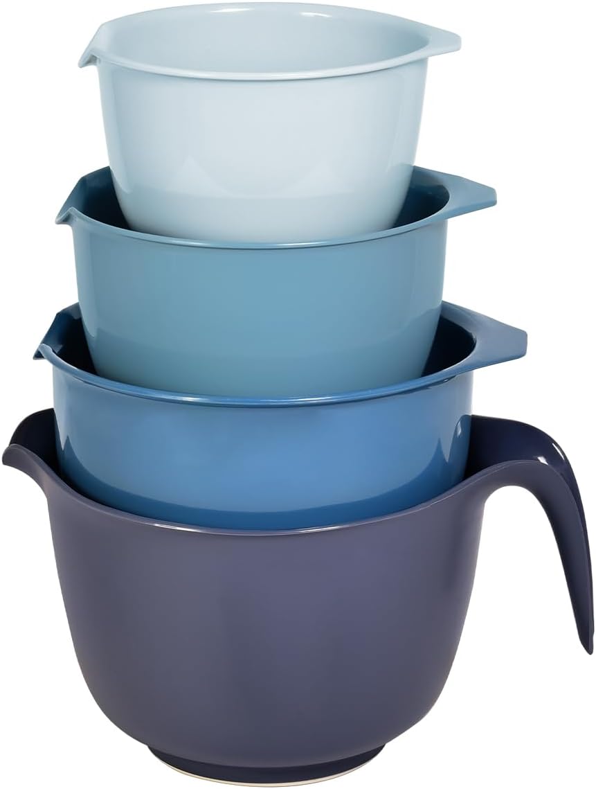Glad Mixing Bowls with Pour Spout, Set of 4 - Nesting Plastic Bowls (1.2qt, 1.9qt, 2.8qt, and 3qt with Handle) - Non Slip Base, Dishwasher Safe Kitchen Cooking and Baking Supplies, Blue