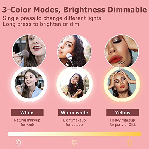 Compact Lighted Mirror, 5-Inch Travel Mirror 1X/10X Magnifying, Touch Screen,3-Color Lights & Brightness Dimmable, Usb Charging 1000Mah Battery(White) #TOP3