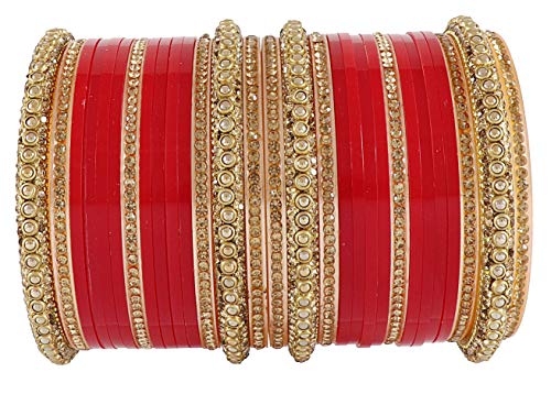 NMII Golden Traditional Acrylic Plastic Chuda Set For Bridal Women & Girls with Zircon Stone & Beads | Bridal Bangles For Wedding | Plastic Chura Set Punjabi Bangles ,(-Tomato Red-2.4), Pack Of 30 Bangle