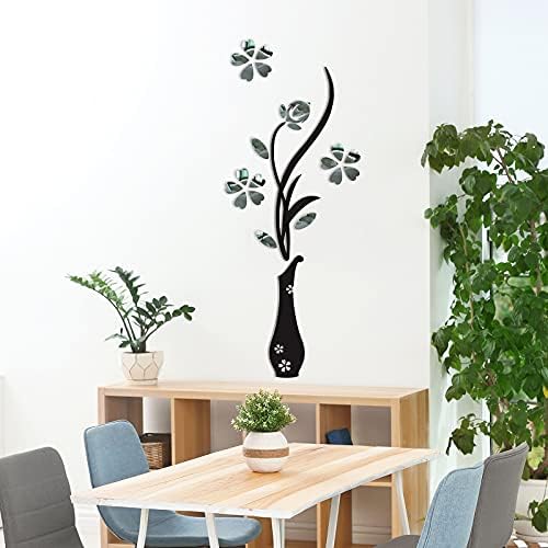 3D Vase Wall Decals for Living Room,House Family Art Murals Stickers for Bedroom, Sofa Backdrop TV Wall Background, Originality Gift, DIY Decal Decor Sticker Decorations Easy Install, Silver 16x39inch
