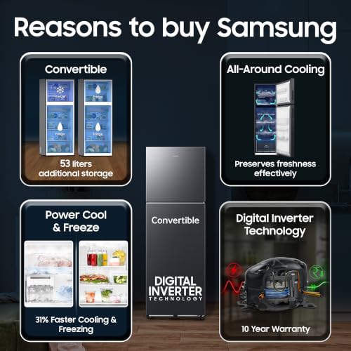Image of Samsung 256 L, 3 Star, Convertible, Digital Inverter Frost Free Double Door Refrigerator (RT40H30U3FHL, Black DOI, 2026 Model)