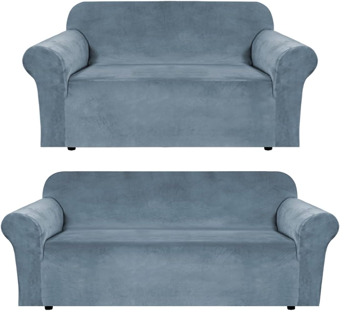 H.VERSAILTEX Velvet Stretch Sofa Cover for 3 Cushion Couch Bundle Sofa Cover Loveseat Velvet Stretch Sofa Covers for 2 Cushion Couch, Stone Blue