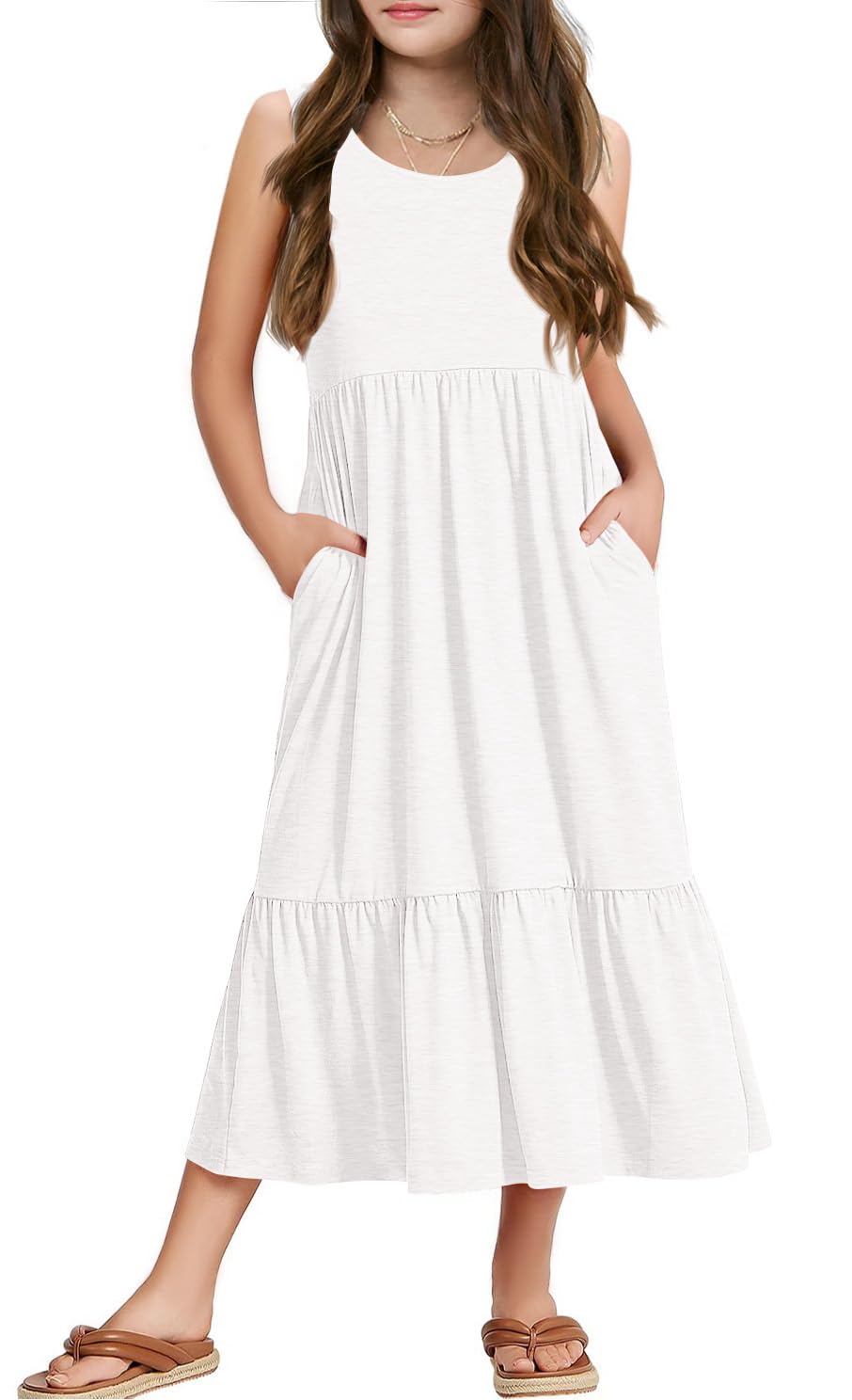 Haloumoning Vestidos de niña de verano sin mangas vestido de cuello redondo sin mangas vestido de tirantes para niños vestido largo casual vestido de verano