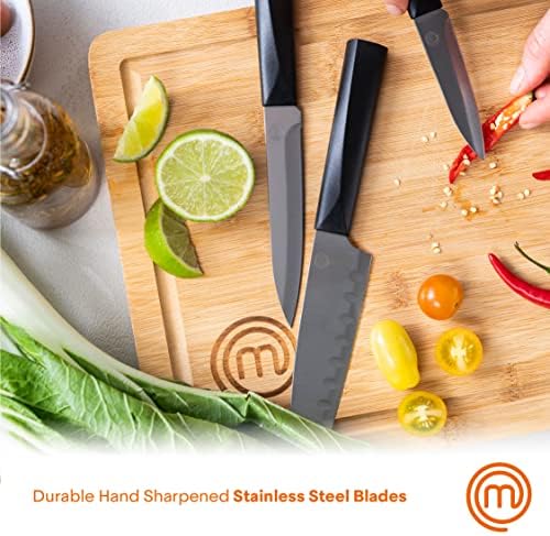 MasterChef Knife Set with Block 5 Kitchen Knives with Sharp Stainless Steel Blades (Paring, Utility, Carving, Bread, Chef) Japanese-Style Handles & Universal Holder, Plastic, Black