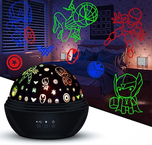 Night Light Projector for Kids Superhero Toys for Boys, 360 Degree Rotation Baby Night Lights with Super Hero Figures and Star Theme, Birthday Party Festival Decor(Black)