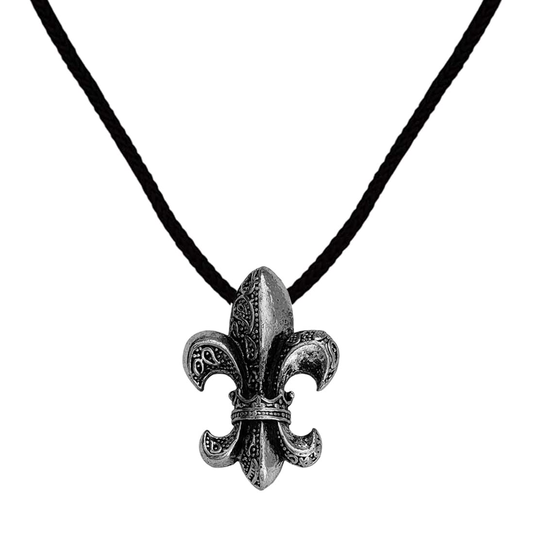 Fleur De Lis Royal French Lilu Medallion Historical Amulet Gift Jewelry Black And Silver Zinc Metal And Cotton Dori Pendant Chain For Men And Women SPn2022877-image-9