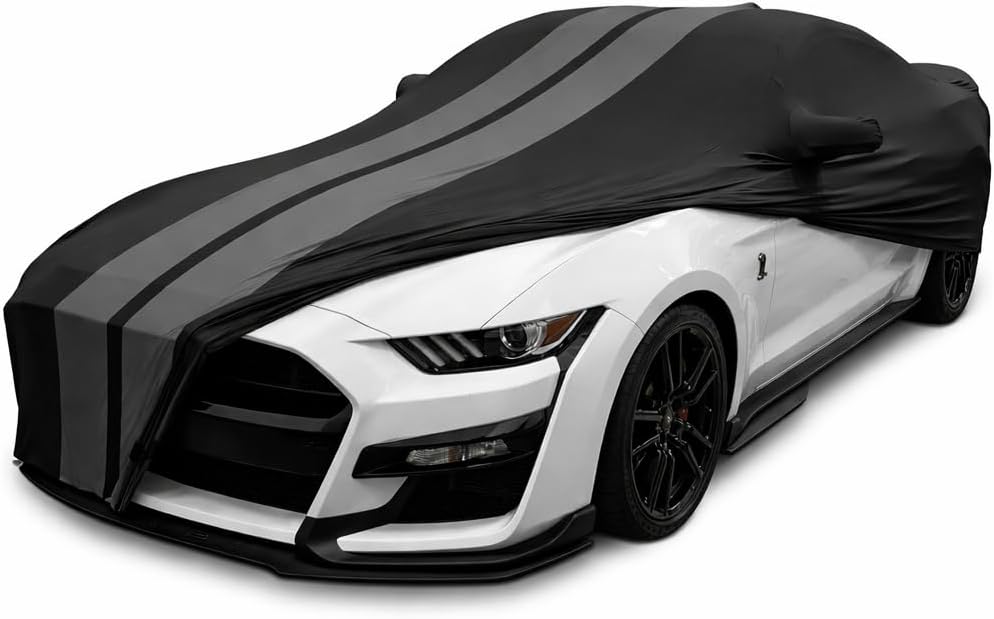 SR1 Performance USA Mustang Indoor Car Cover 2005–2024 – Ultraguard Stretch Satin Custom Fit, Dust Cover, Breathable Scratch-Resistant Sport Series Stripe (Black/Gray)