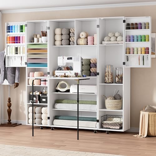 PAKASEPT Folding Sewing Table with Storage Craft Storage Cabinet and Multipurpose Sewing Machine Table with Lockable Wheels Magnetic Doors & Hidden Storage