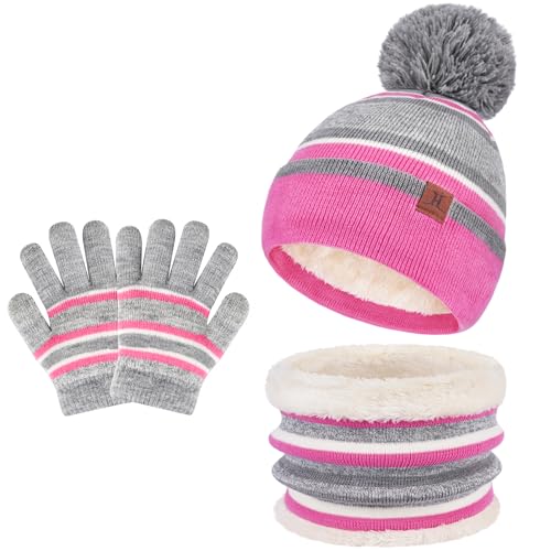 Image of Kids Toddlers Winter Hats Knit Warm Beanie Scarf Gloves Set for Boys Girls Age 2-7, Pompom Cap Neck Warmer Fleece Lined Gifts