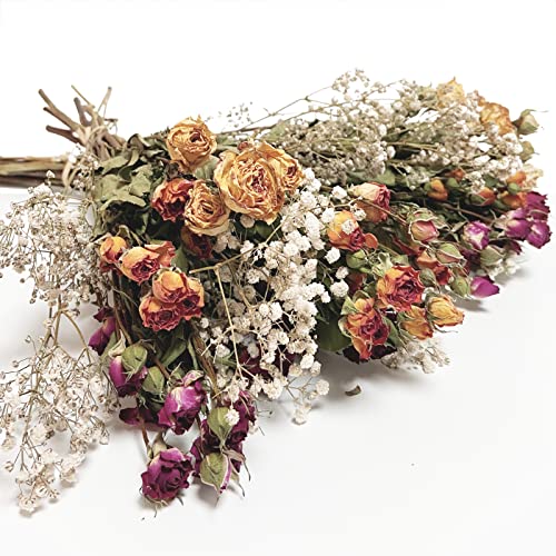 LBREVOGA Dried Flowers with Stem 16 inches Dried Spray Rose with Babys Breath for Floral Arrangments Home Decoration (Rose)