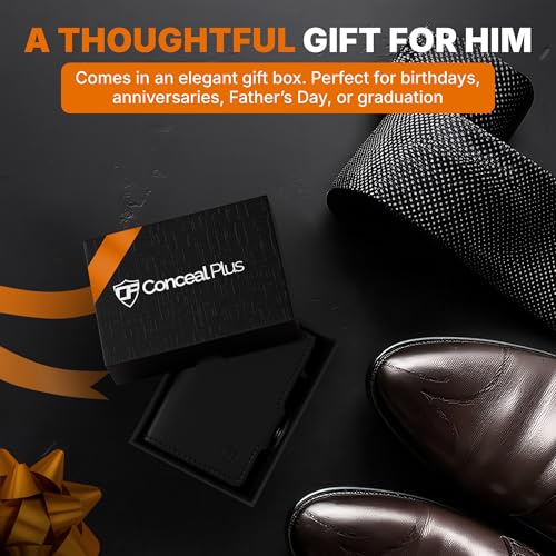 Conceal Plus Wallet for Men, 4-6 Card Pop Up Wallet Smart RFID Blocking Credit Card Holder, Black Leather Slim Minimalist Wallet Trifold 4 Additional Cards & Cash Internal Storage
