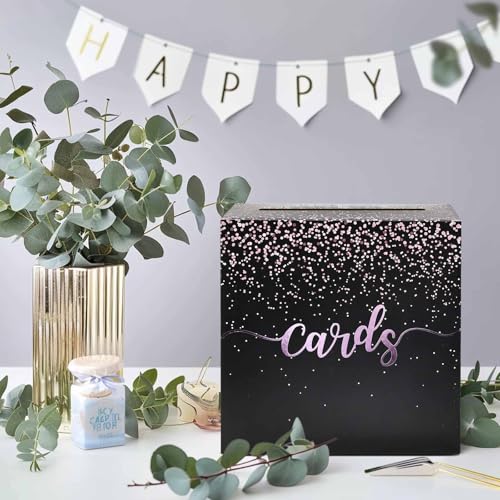 Image of Black Card Box for Party Pink Foil Gift Card Box Holder for Wedding Birthday Baby Shower Retirement Graduation