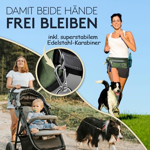 PAWZONE Futterbeutel Hunde - Leckerlibeutel für Hunde - Bauchtasche für Hunde Zubehör - Leckerlitasche für Hunde - Inkl. Reflektorband & Zusatzgurt für Flexileine (Olivgrün)