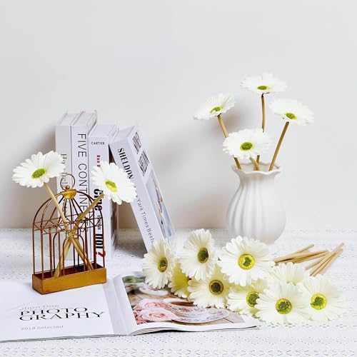 Image of CURATED CART Gerbera Daisy Flowers - Pack of 5 White Faux Blooms, 30cm Tall | Real Touch PU Petals with Bendable Green Stems | Artificial Flower Bouquet for Home, Kitchen, Office (White) (No Vase)