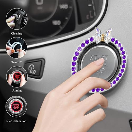 Image of DXNQ 2PCS Bling Ring Emblem, Sparkling Butterfly Car Buttons and Knobs Ring, Girly Butterfly Diamond Car Engine Start Button Cover, Key Ignition Knob Rings Decoration for Women (Purple, Single Row)