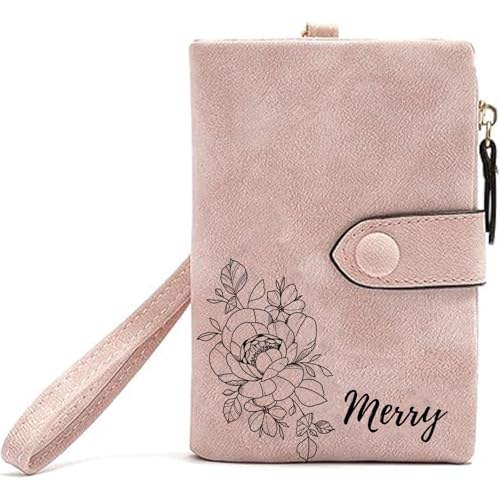 Customized small leather wallet, Customized name and flower, Coin Purse Card Holder for Women Teen Girls Customized Gifts for Birthday Christmas Thanksgiving Anniversary Mothers Day. (Pink)