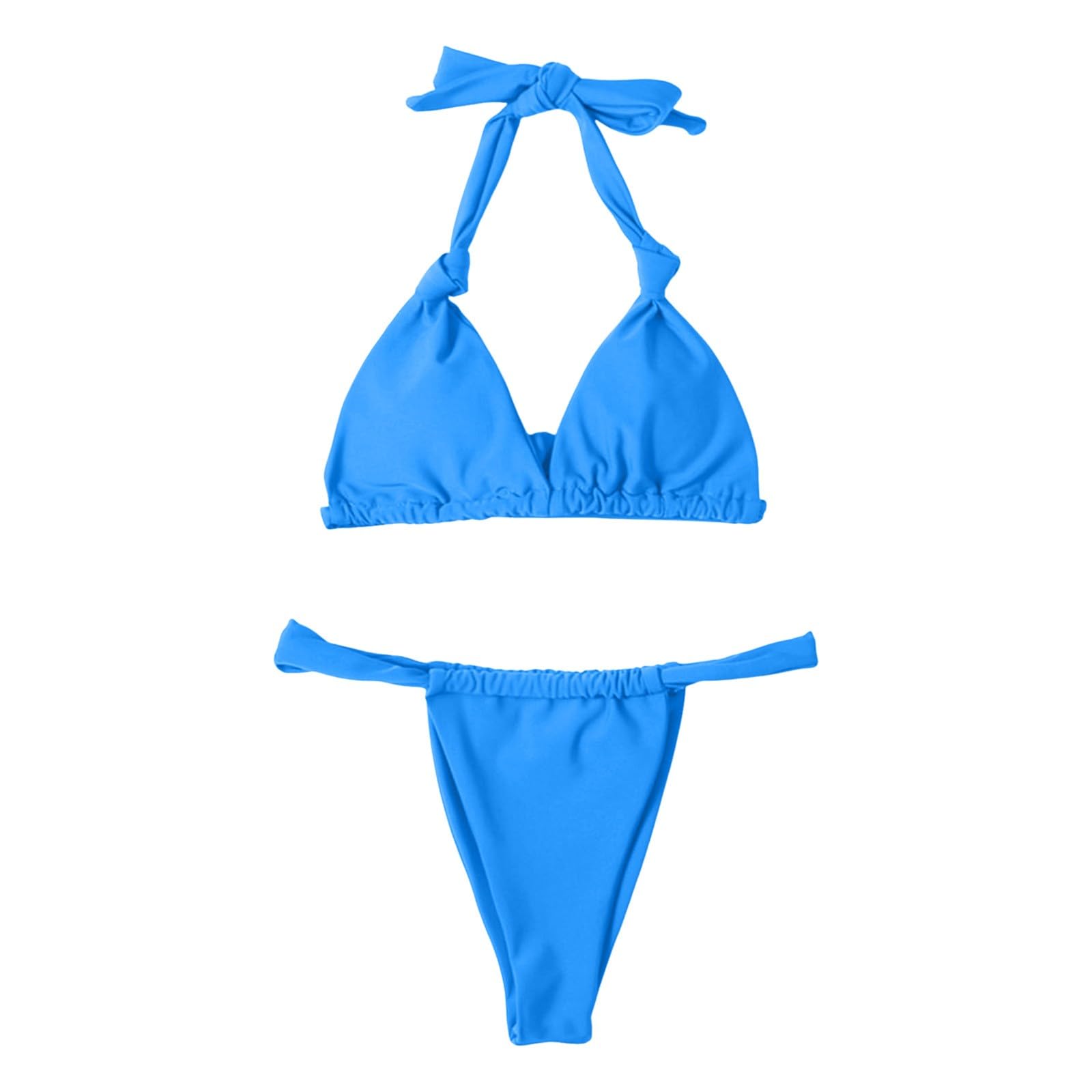 Bikini Dla Kobiet Seksowne Zestawy Wysoko Wycięte 2-częściowe Stringi Strój Kąpielowy Wiązany Węzeł Ruched Stroje Kąpielowe, Błękitny, L