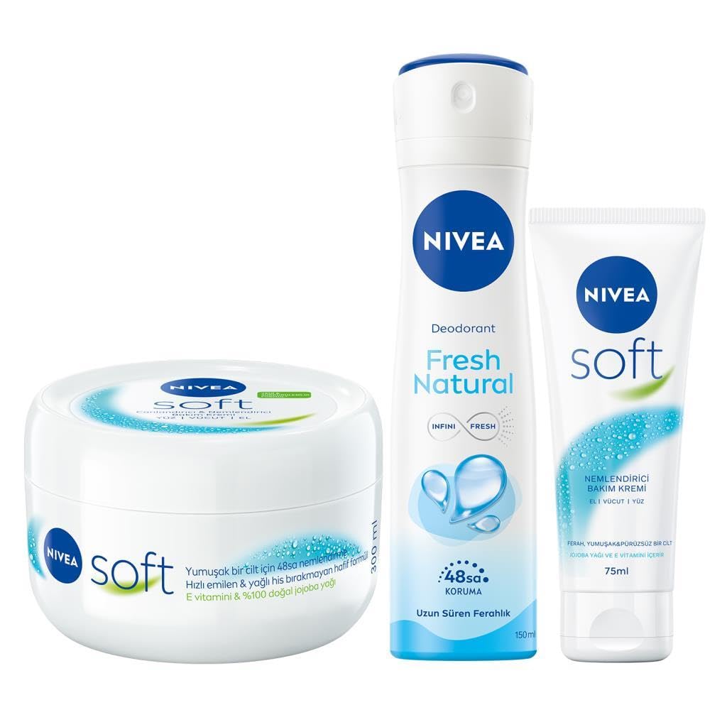 NIVEA Soft Krem 300ml, Nemlendirici Bakım Kremi, Yüz, Vücut, El, Jojoba Yağı ve E Vitamini ile Cilt Bakımı ve NIVEA Kadın Sprey Deodorant Fresh Natural 150ml, ve NIVEA Soft 75 ml, El Kremi