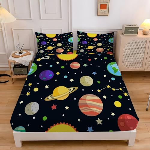 Sabana Bajera 90x190 Planeta Sabanas Bajeras Estampadas Estrella Sábana Bajera Ajustable Suaves, Elastico Funda Colchon con 2 Funda Almohada 50x80 cm, para Colchón de 30cm de Altura