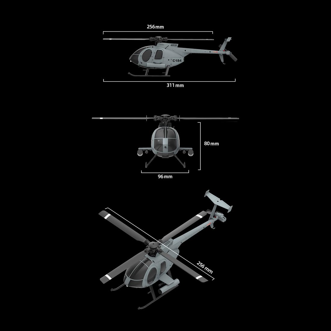 C184 RC Helikopter Ferngesteuerter Hubschrauber Outdoor, 1:48 MD500 Flybarless Heli mit 6-Achsen-Gyro, Optischer Fluss & Höhenhaltung, 2,4GHz 4-Kanal Fluggerät für Erwachsene, Grau