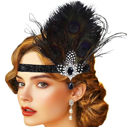 GENBREE 1920s Black Feather Headband Fascinator Flapper Headpiece Party Prom Hair Accessories for Women