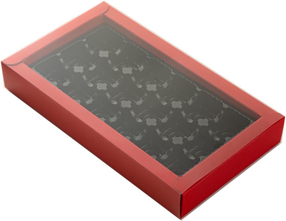 Restaurantware Sweet Vision 10 x 5.7 x 1.6 Inch Rectangle Candy Boxes, 10 Disposable Bakery Gift Boxes - 18 Compartments, With Slidable Clear Lids, Red Paper Boxes For Chocolate, And Treats