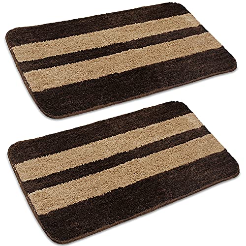 Image of Amazon Brand - Solimo Anti-Slip Microfibre Bathmat, Stripe, Dark Dark Brown, Set of 2 (35cm x 50cm)