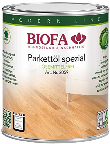 Biofa Parkettöl spezial, lösemittelfrei - Schutz und Pflege für Parkett Böden, Kork & Holz Oberflächen (1 Liter) Cover