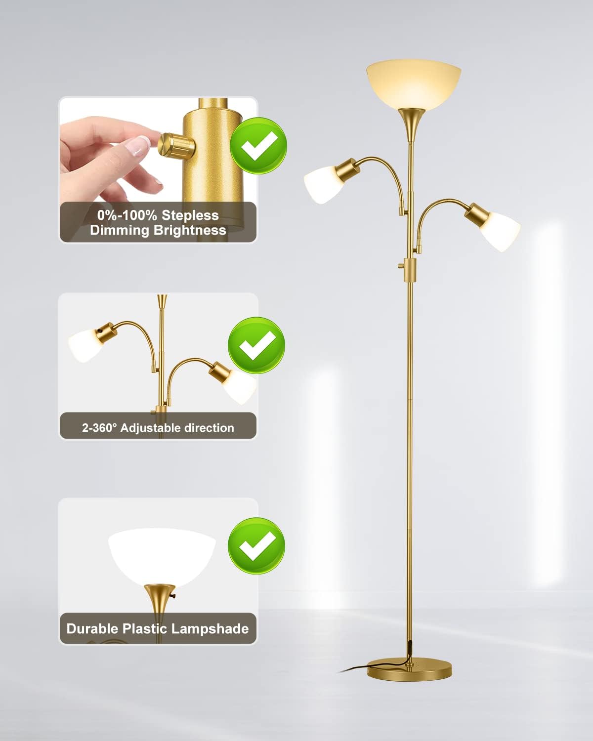 Lightdot Dimmable Gold Tree Floor Lamp, 9W Torchiere Standing Lamp with 2 Adjustable Gooseneck Reading Lamps, 3000K E26 LED Bulbs, 3-Light Modern Tall Lamp for Living Room, Bedroom, Office