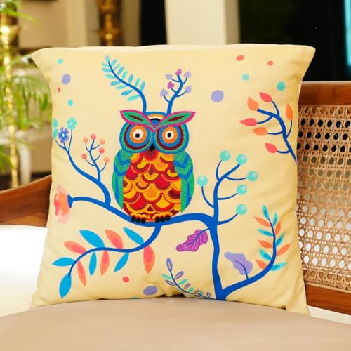 Image of picknMAKE Cover /Pillow Cushion Craft DIY Bliss Owl Majestic with Beginners for Set Kit Embroidery Hand Cover Cushion DIY 2 of Set |16 inchX16|Patterns Embroidery Printed Digitally|Included Materials All